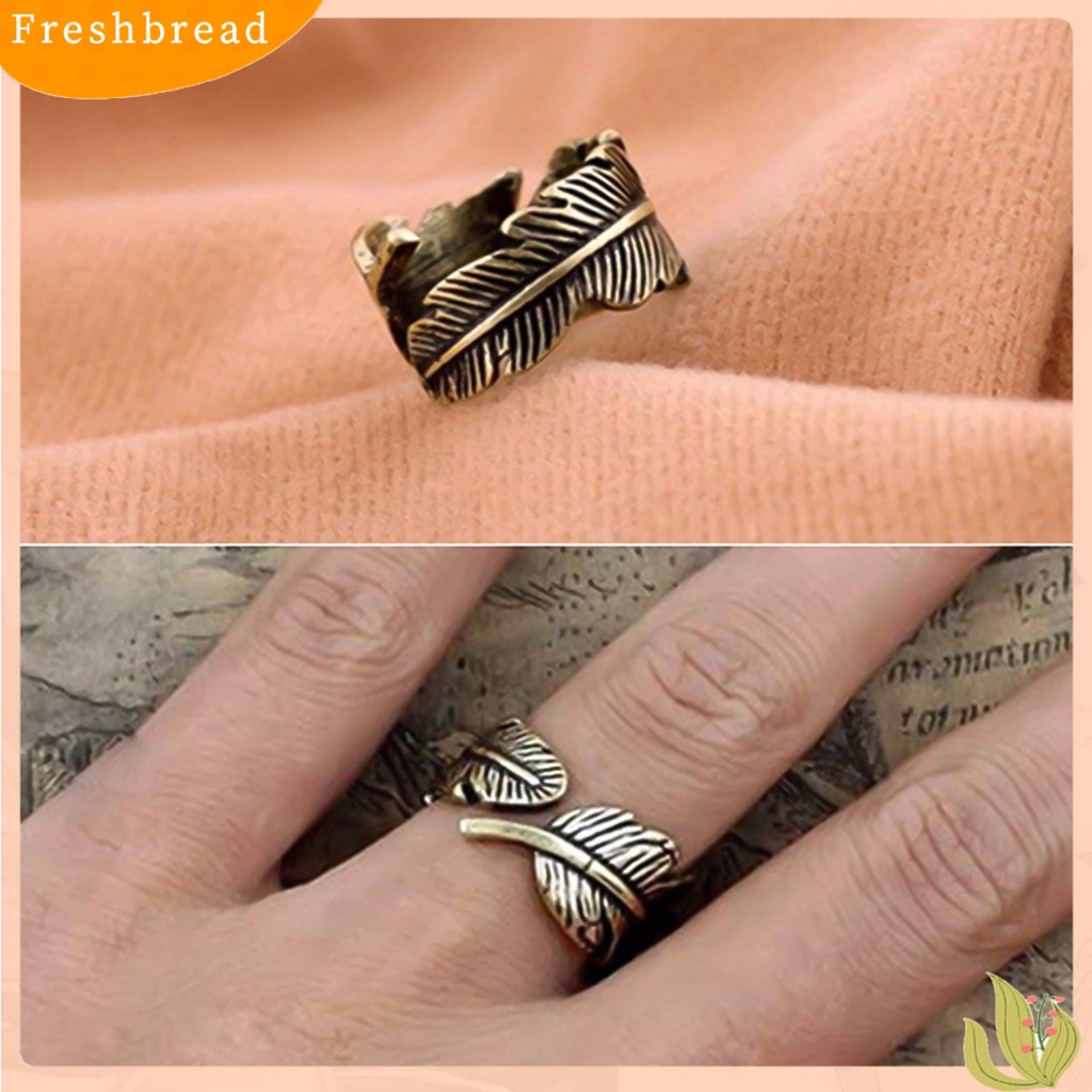 &lt; Freshbread &gt; Cincin Terbuka Motif Daun Etsa Bulu Adjustable Bronze Antik Unisex Opening Ring Jewelry Untuk Pesta