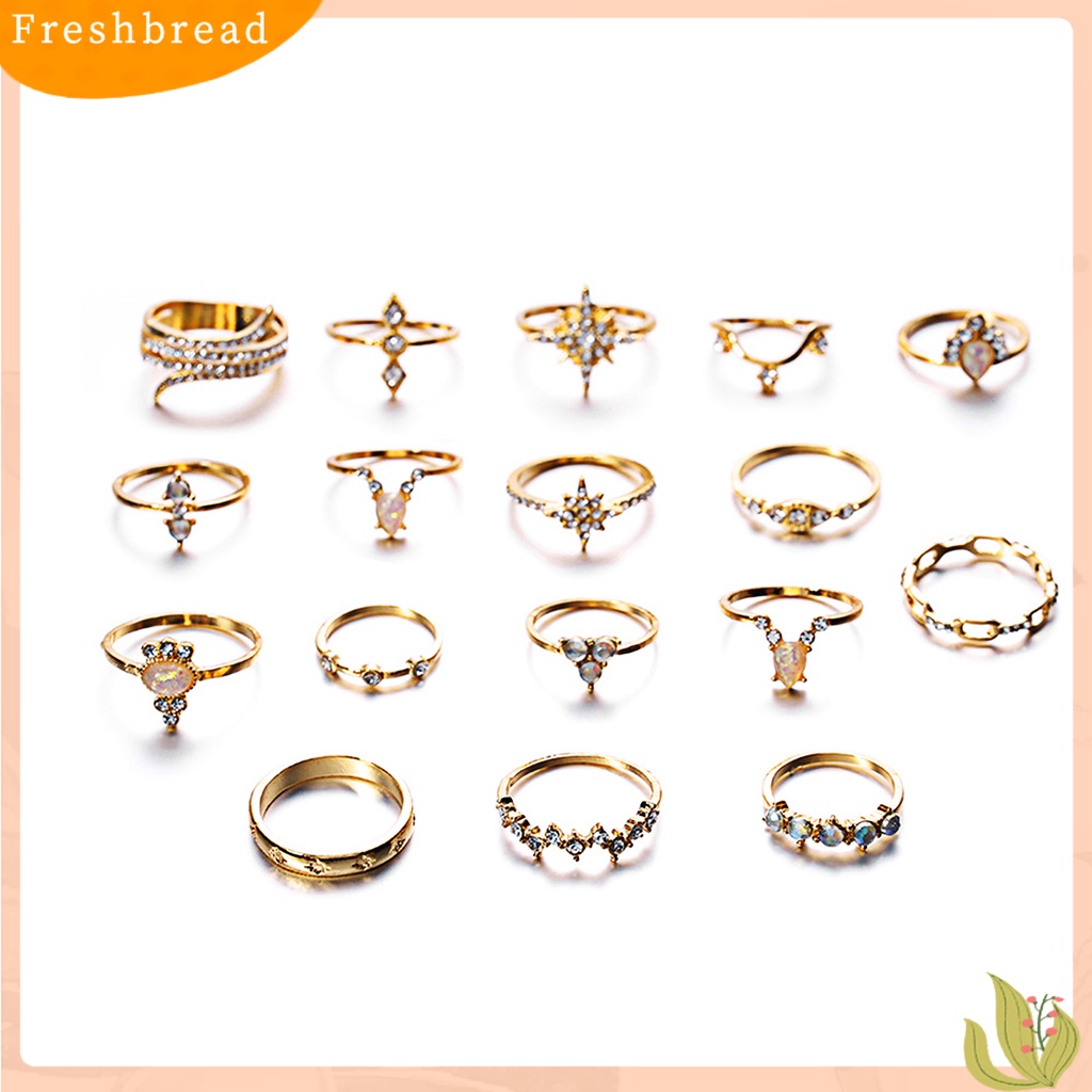 &lt; Freshbread &gt; 17 Pcs Cincin Buku Jari Stackable Ukir Unik Alloy Boho Gaya Etnik Faux Permata Jari Rings Perhiasan Aksesori