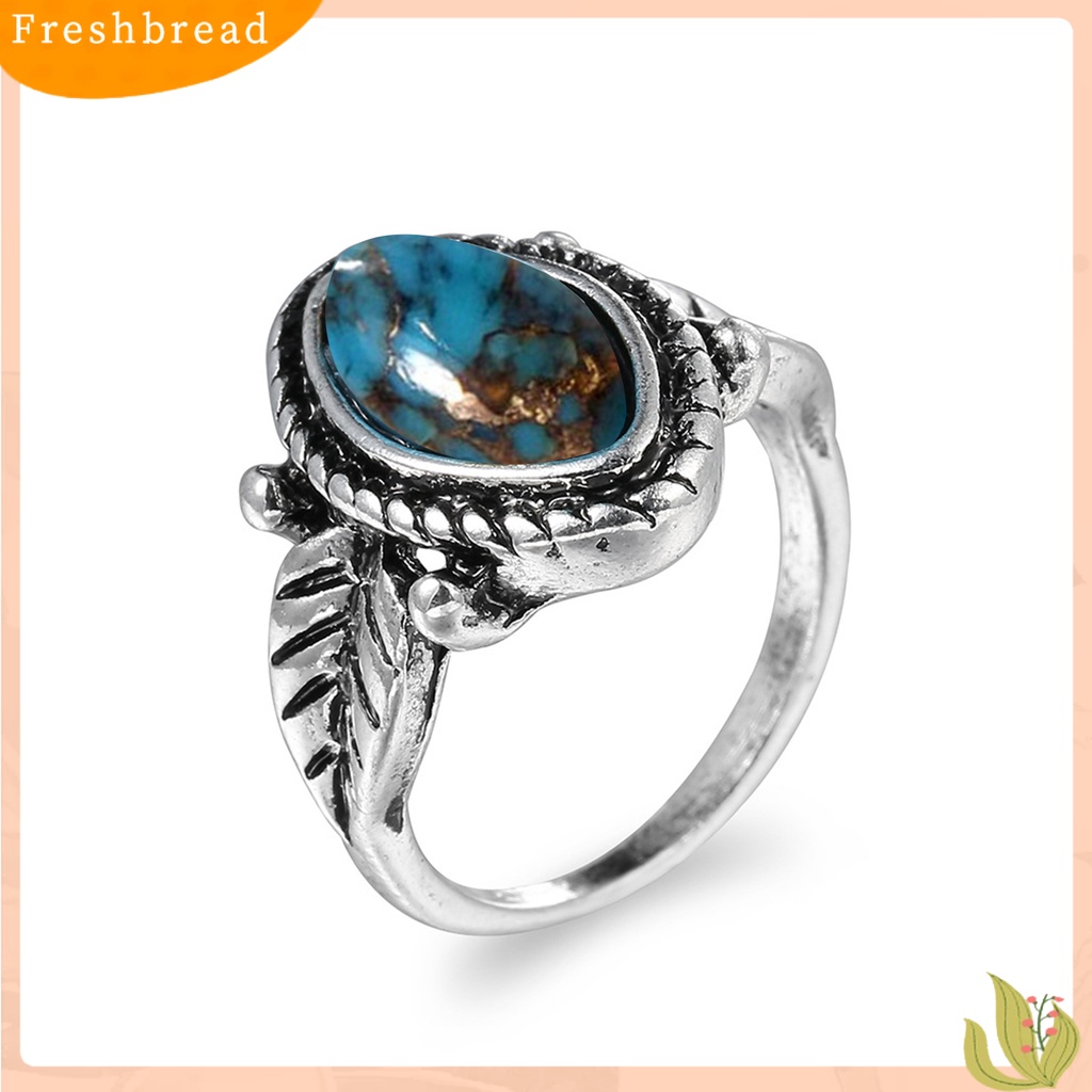 &lt; Freshbread &gt; Wanita Cincin Indah Imitasi Pirus Portabel High-end Vintage Hias Anti Karat Bentuk Daun Unisex Pria Buku Jari Cincin Hadiah Ulang Tahun