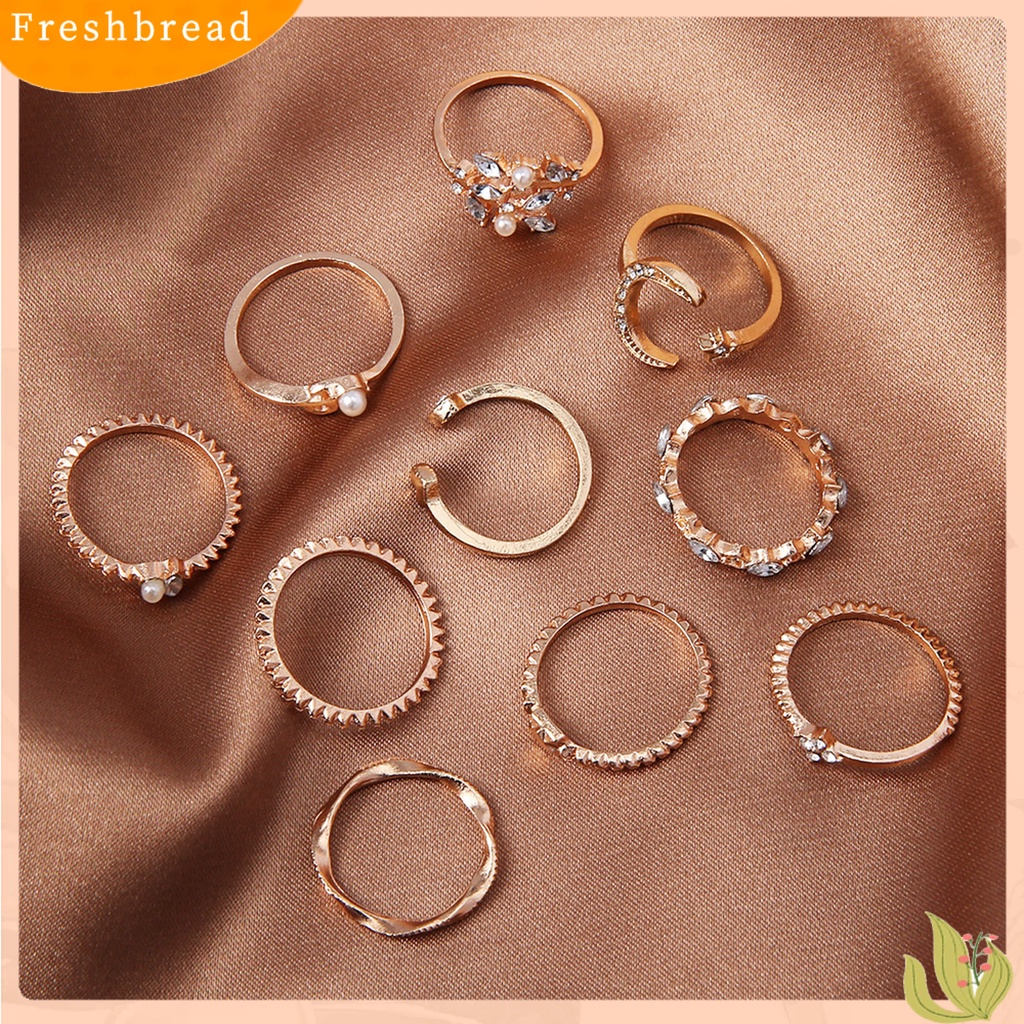 &lt; Freshbread &gt; 10Pcs Fashion Wanita Cincin Geometris/Daun/Bulan/Bentuk Hati Tidak Luntur Ringan Cincin Jari Kreatif Untuk Hadiah