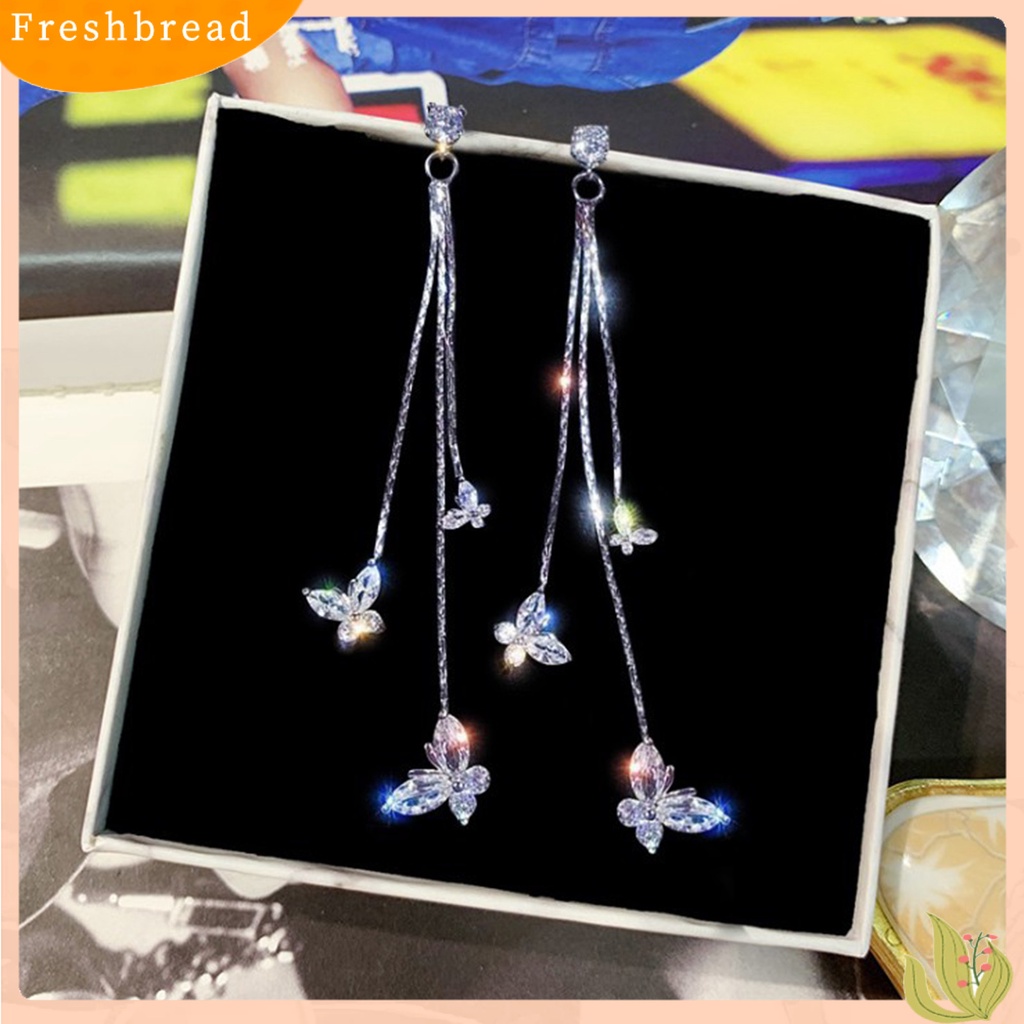 &lt; Freshbread &gt; 1pasang Drop Earrings Butterflys Perhiasan Berlian Imitasi Berkilau Temperamen Anting Menjuntai Untuk Perjamuan