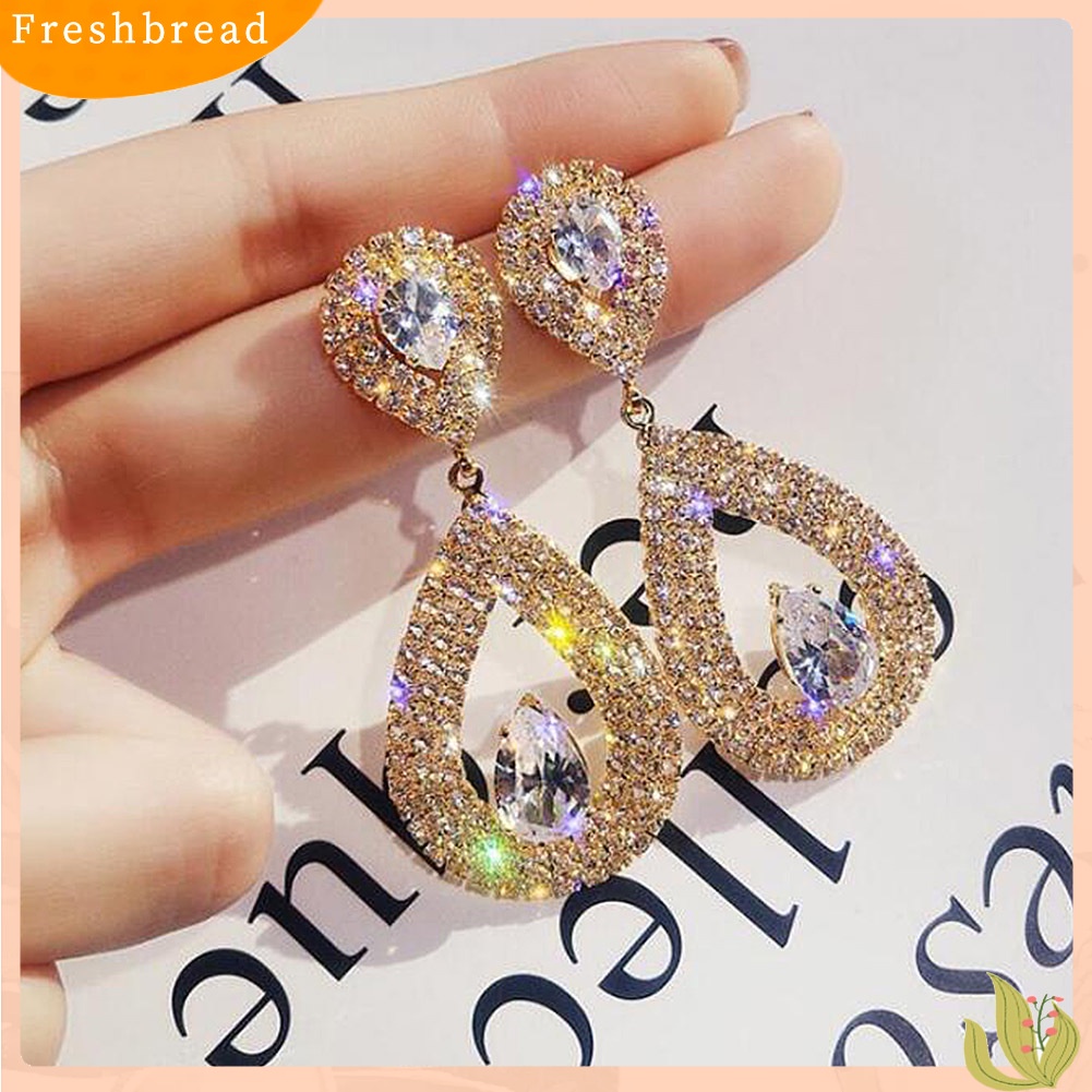 &lt; Freshbread &gt; Wanita Elegan Berlian Imitasi Jantung Teardrop Menjuntai Ear Drop Earrings Perhiasan Pesta