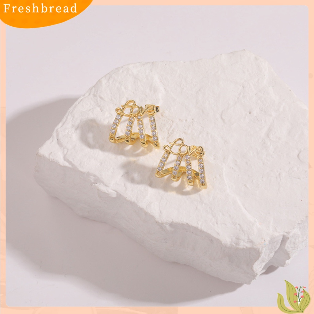 &lt; Freshbread &gt; 1pasang Wanita Anting Anti-Oksidasi Jatuh Tahan Colorfast 4cakar Surat Berlian Imitasi Fashion Telinga Cincin Telinga Dekorasi