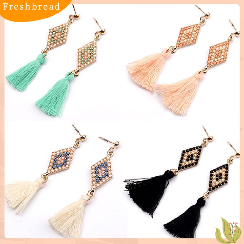 &lt; Freshbread &gt; 1pasang Ear Studs Gaya Folk Elegan Bentuk Rhombic Thread Fringed Earrings Untuk Hadiah