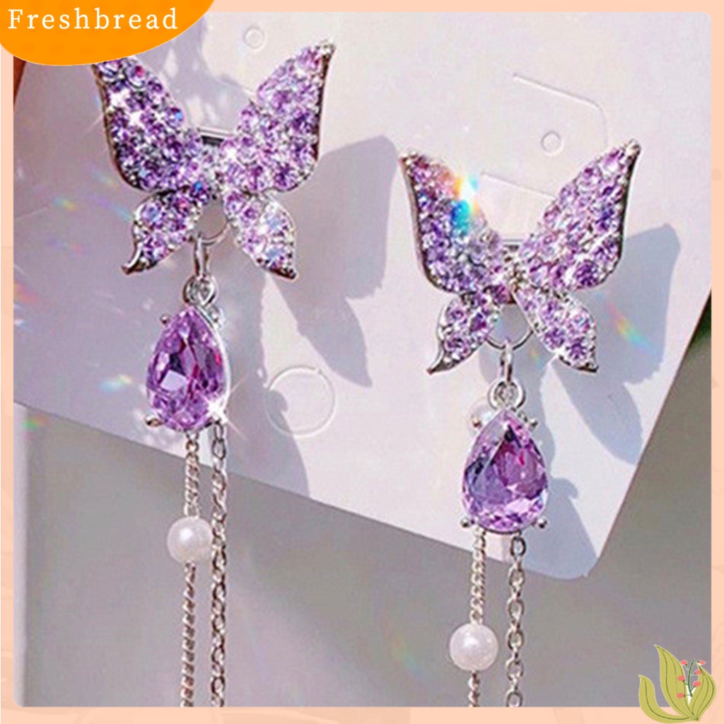 &lt; Freshbread &gt; 1pasang Anting Menjuntai Bentuk Kupu-Kupu Berlian Imitasi Indah Kelengketan Besar Drop Earrings Untuk Hadiah