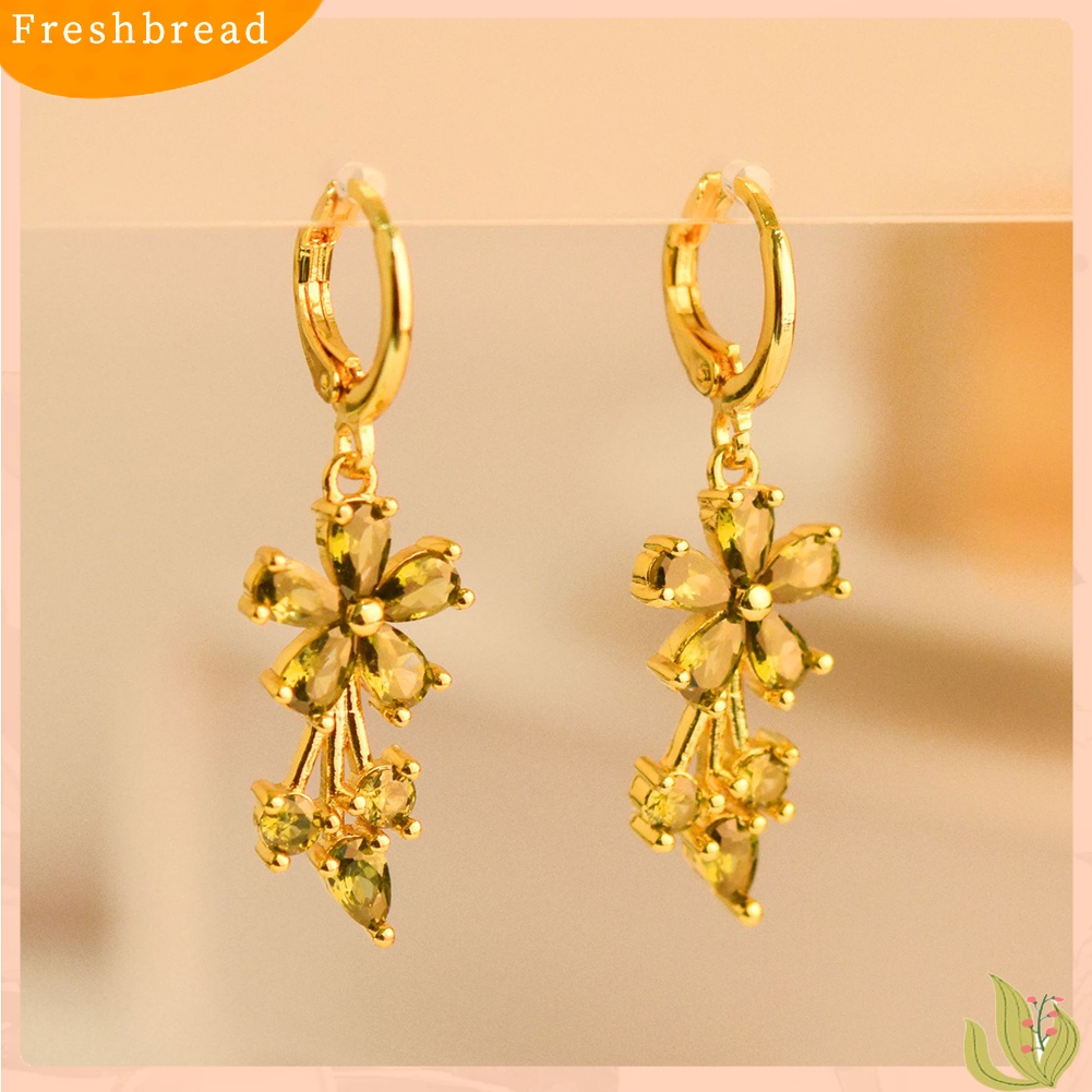 &lt; Freshbread &gt; Wanita Elegan Cubic Zirconia Hias Bunga Drop Leverback Earrings Perhiasan Hadiah