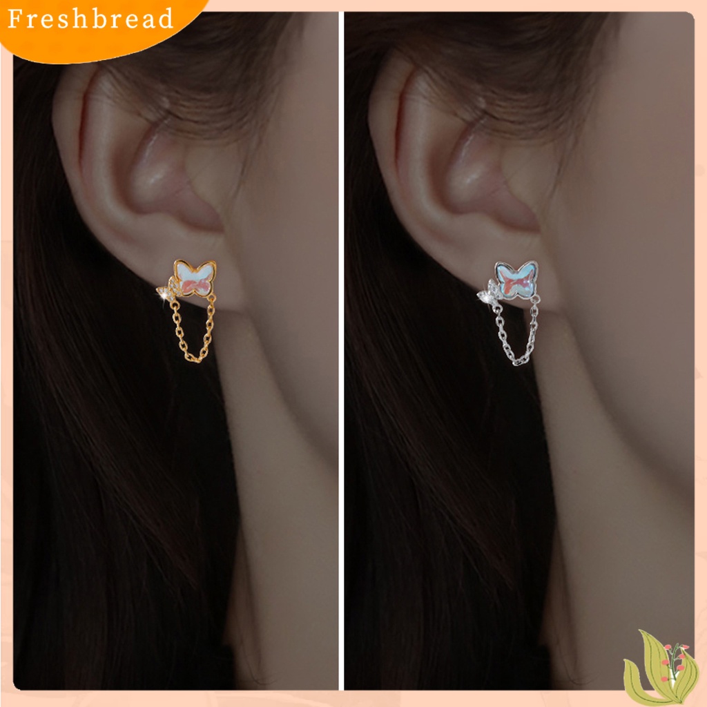 &lt; Freshbread &gt; 1pasang Ear Studs Mini Faux Moonstone Elegan Berlian Imitasi Tertanam Kupu-Kupu Rantai Wanita Anting Perhiasan Fashion