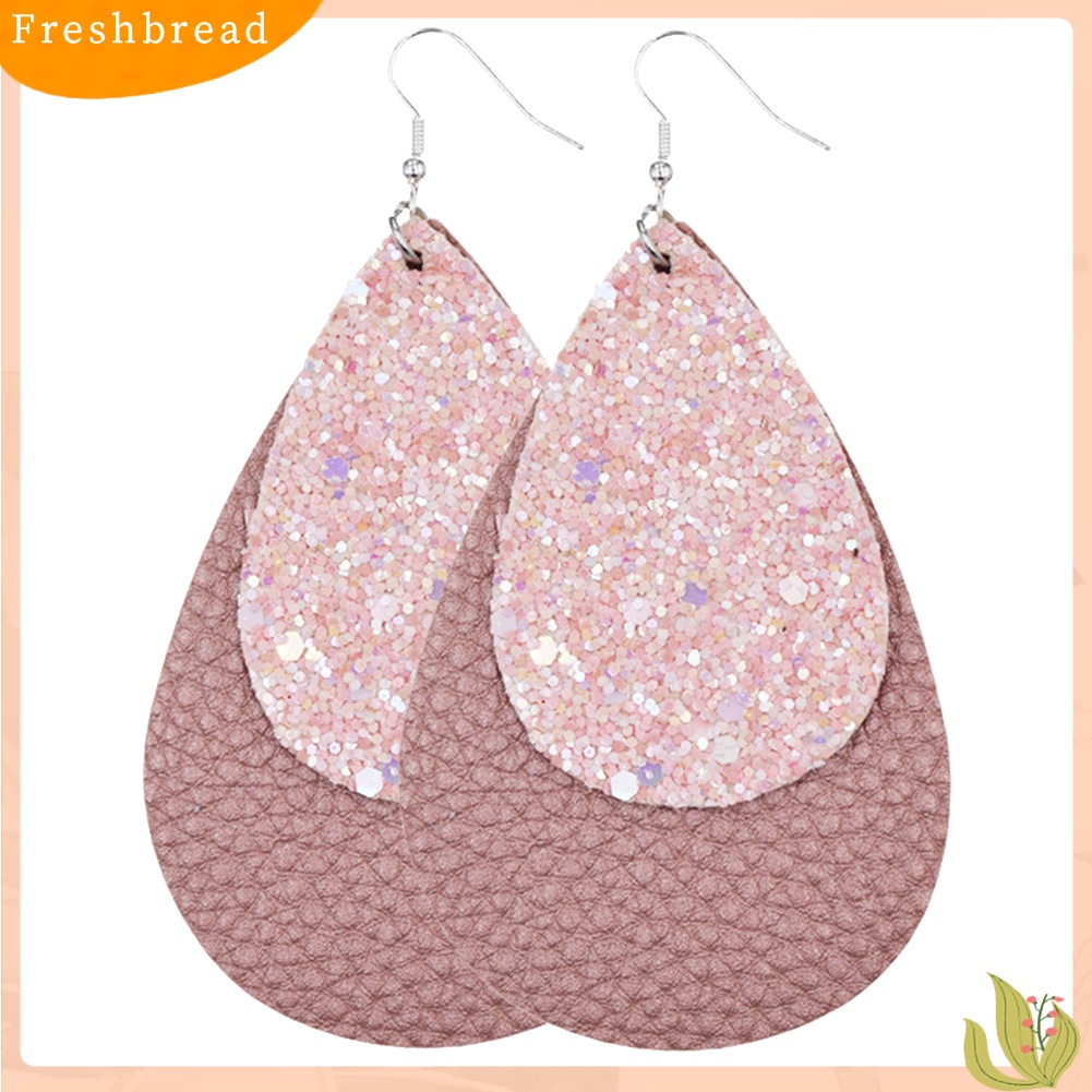 &lt; Freshbread &gt; Glitter Sequin Teardrop Kulit Imitasi Drop Menjuntai Pernyataan Wanita Anting Kait