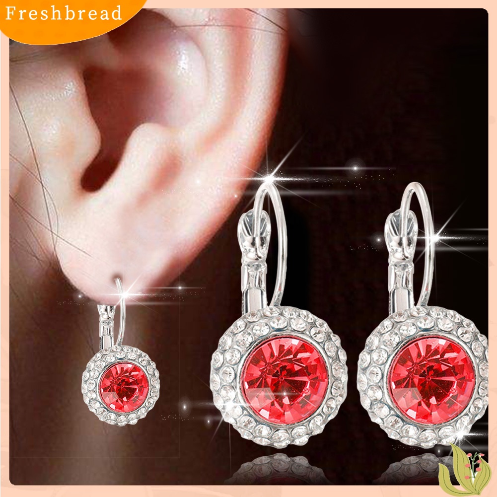 &lt; Freshbread &gt; Wanita Elegan Berlian Imitasi Hias Bulat Menjuntai Leverback Earrings Perhiasan Hadiah