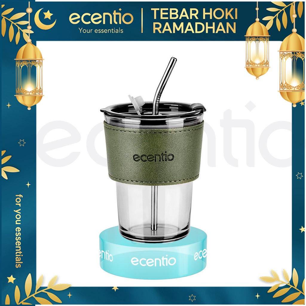 PROMO!!! ecentio Tumbler Kaca 400ml dengan Sedotan dan Tutup Gelas Kopi Tumbler Aesthetic Gelas Kaca simple elegan holder kulit classic Water Bottle Cup for Coffee