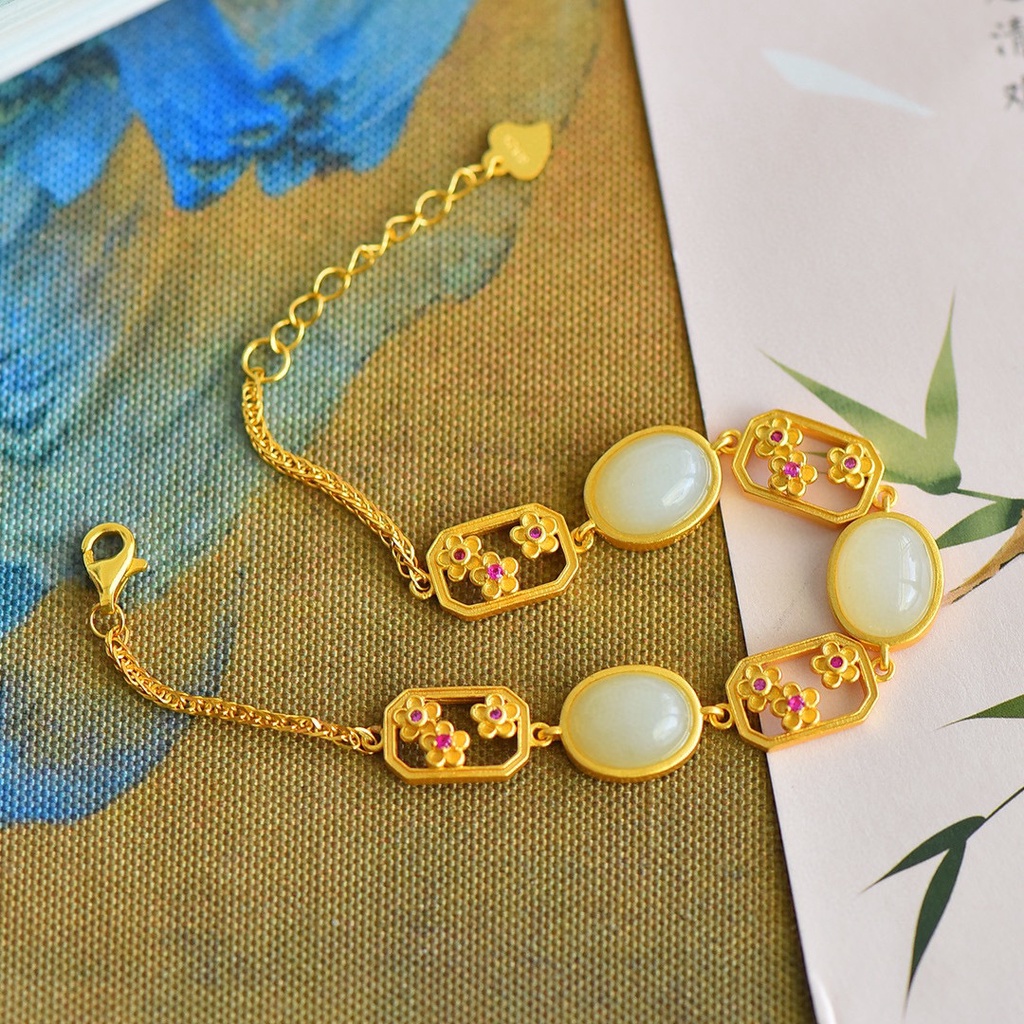 Goldkingdom Fashion Perhiasan Aksesoris Ready Stock Peach Blossom Hetian Giok Gelang Wanita Putih Hijau Vintage Bunga Gelang