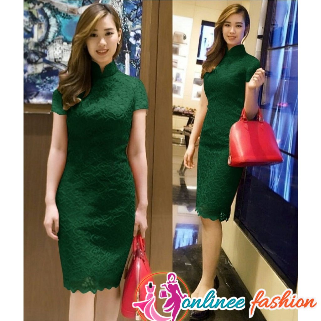 Mini Dress Brokat Cantik Lapis Furing Lengan Pendek Dres Import Korea Casual Nitha Green