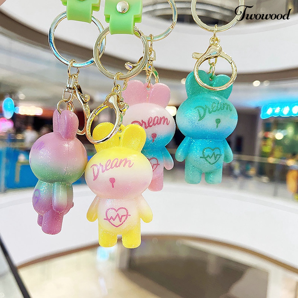 Twowood Rabbit Keychain Warna Gradien Cinta Hati 3D Boneka Silikon Hewan Lucu Bunny Car Key Ring Liontin Mahasiswa Ransel Ornamen