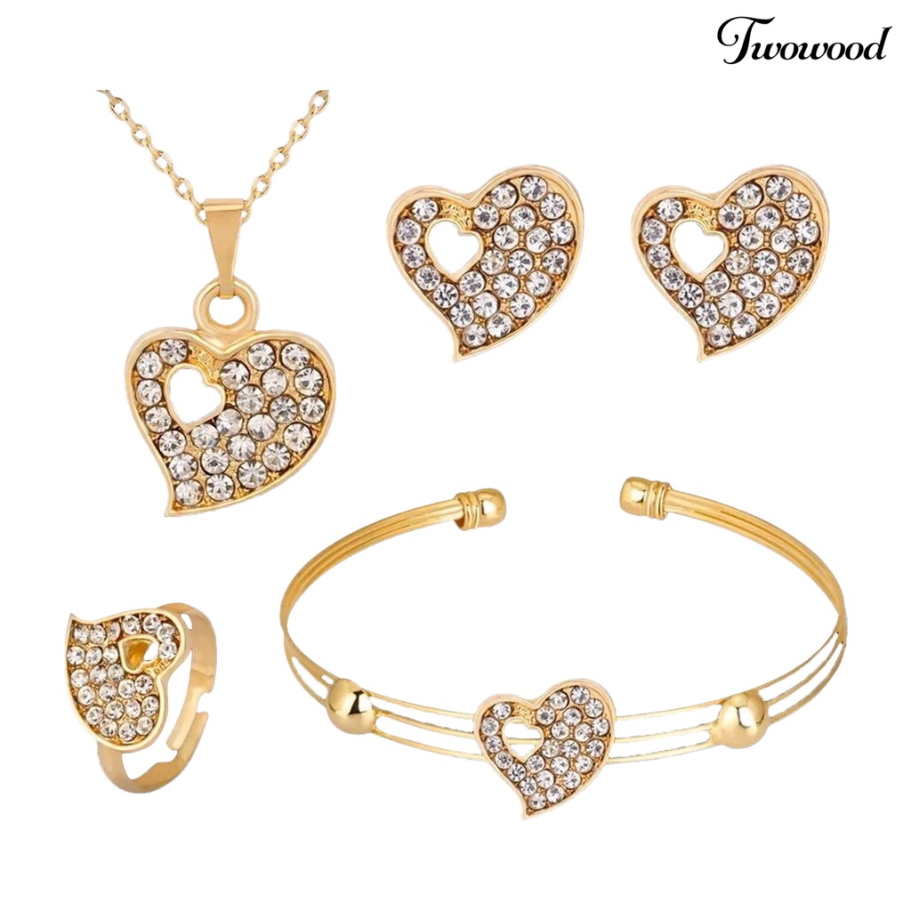 Twowood 4pcs/Set Perhiasan Wanita Bentuk Hati Hias Berlian Imitasi Warna Emas Shiny Lady Gelang Cincin Set Untuk Pernikahan