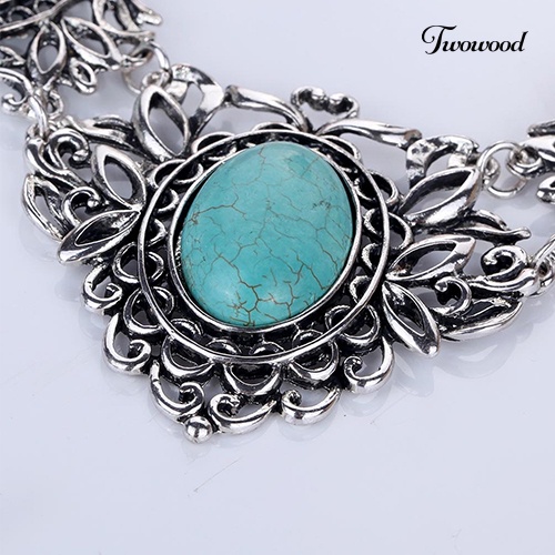 Twowood Women's Berongga Tibet Oval Turquoise Bib Kerah Kalung Anting Set Perhiasan