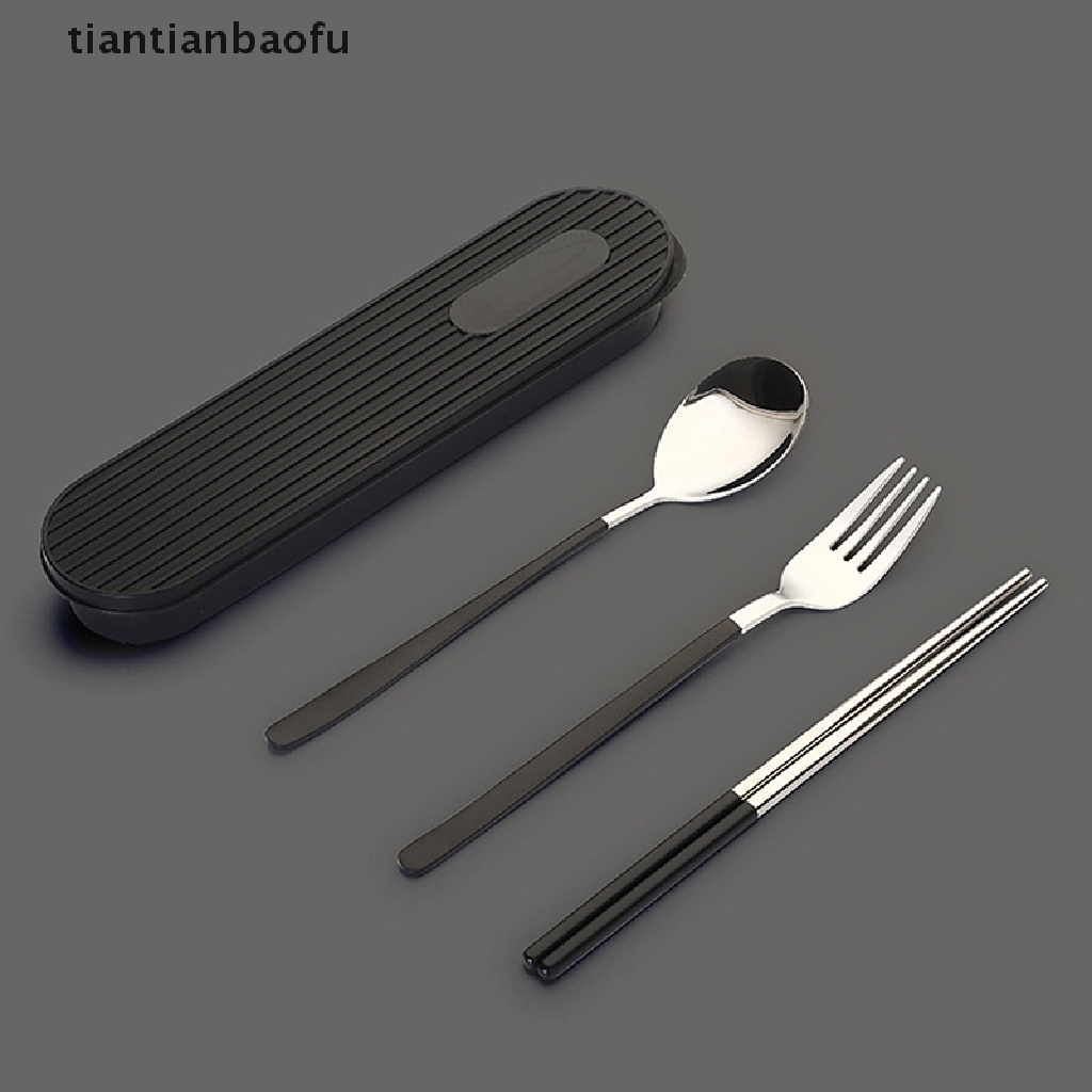 [tiantianbaofu] 2/3pcs Portable304Stainless Steel Cutlery Set Sumpit Sendok Set Dengan Wadah Butik