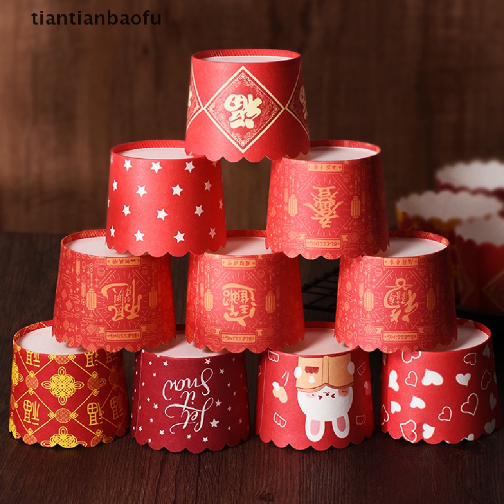 [tiantianbaofu] 50pcs Dekorasi Kue Imlek Pernikahan Ulang Tahun Spring Festival Pastry Cupcake Packaging Merah Paper Cup Butik