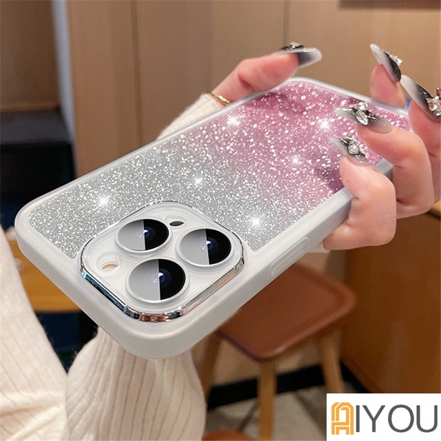 IPHONE Bling Glitter Warna Gradasi Casing Ponsel Untuk Iphone14Plus11 12 13 14 Pro Max Lensa Mewah Warna Permen Shockproof Soft TPU Cover