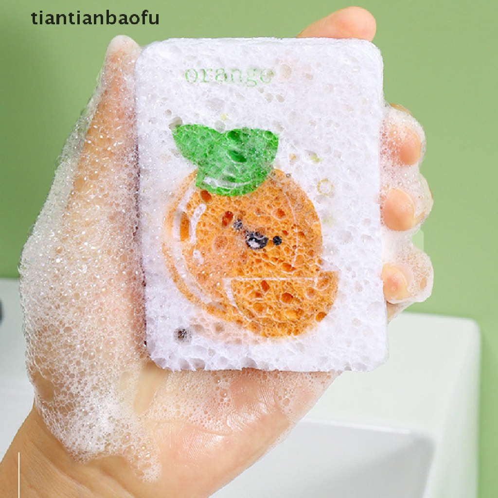 [tiantianbaofu] Kawaii Wood Pulp Sponge Pads Tali Bentuk Buah Dapur Piring Panci Alat Makan Butik