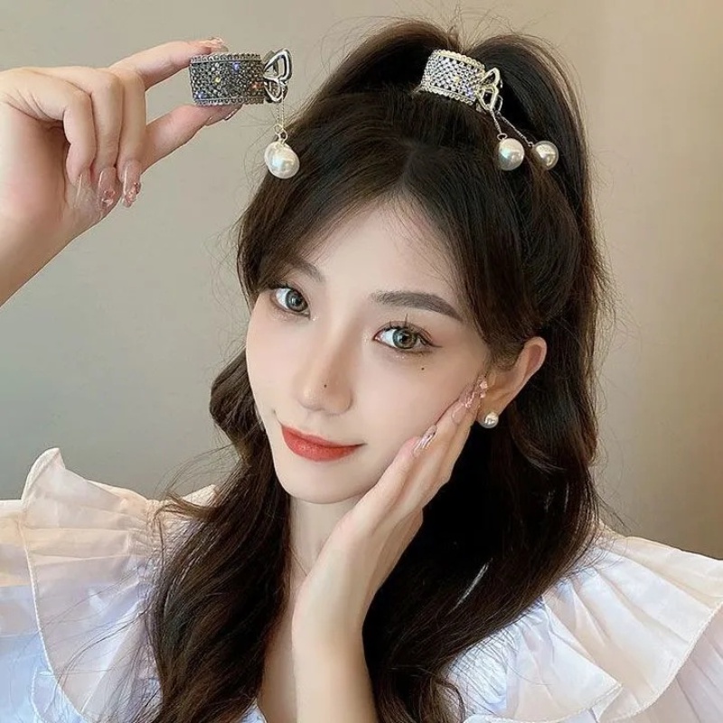 Gaya Korea Tinggi Ponytail Rambut Klip Mengkilap Berlian Imitasi Mutiara Liontin Cakar Hitam Emas Alloy Kecil Ambil Klip Anti-Kendur Ponytail Tetap Jepit Rambut Aksesoris Fashion Wanita