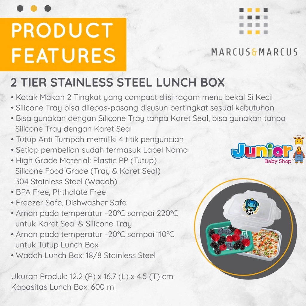 Marcus &amp; Marcus 2 Tier Stainless Steel Lunch Box - Kotak Makan Anak Stainless Dua Tingkat