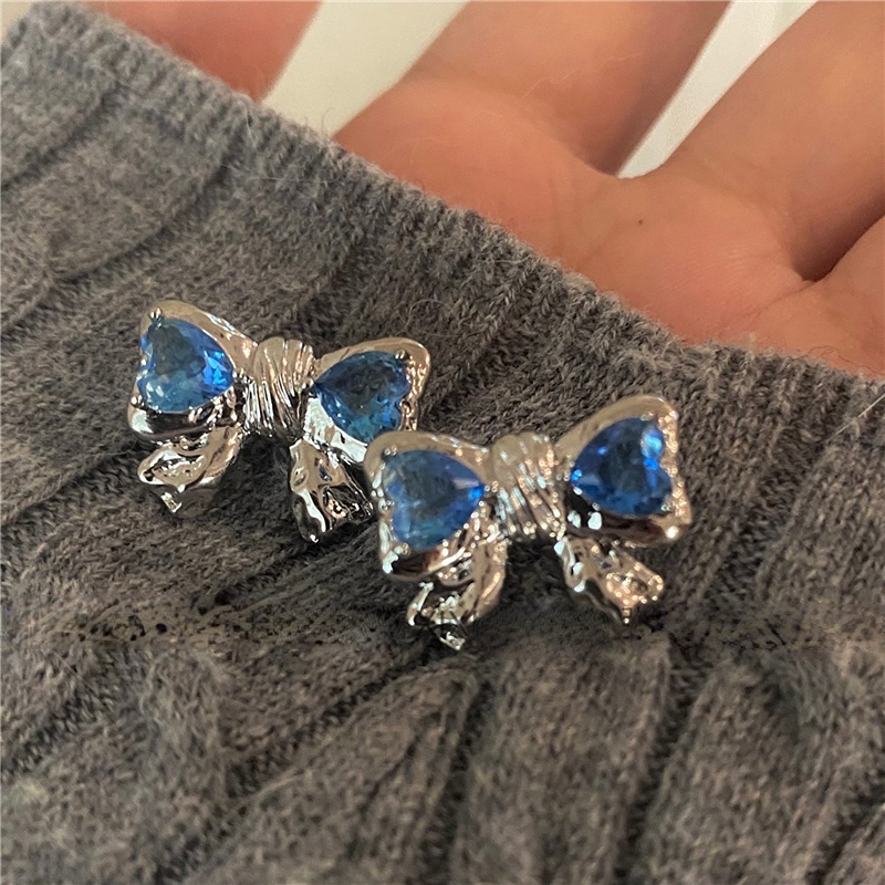 Dreamy Mercury Hati Biru Zirkon S925 Perak Disepuh Stud Earrings Ins Bow Knot Ear Studs