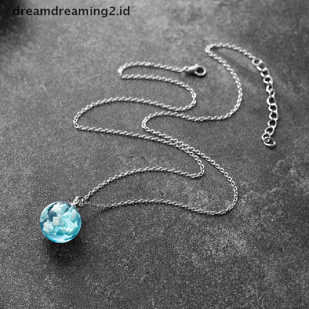 (hot) Kalung Liontin Bulan Bola Resin Perhiasan Kalung Rantai Awan Biru Langit Putih//