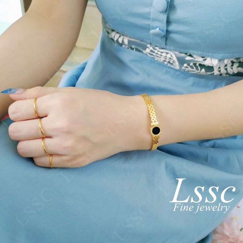 Gelang Titanium Wanita Anti Karat Bulat Hitam Romawi Emas 18K Fashion Korea Bangle Aksesoris Perhiasan