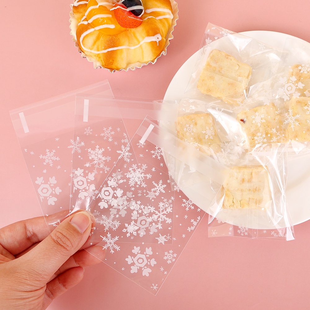 100 Pcs Transparan Snowflake Candy Cookie Baking Wrapping Bag Plastik Perekat Diri Lembab Biskuit Snack Kemasan Kantong Natal Pernikahan Pesta Masa Kini Dekorasi Tas