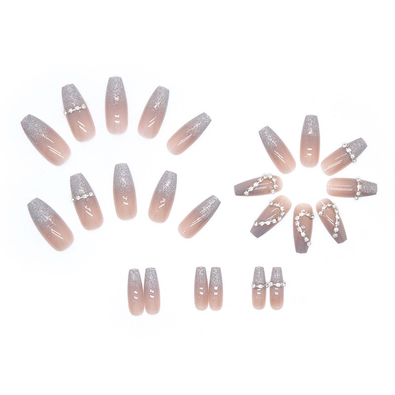 24pcs Kuku Buatan Kuku Palsu Gradien Shiny Heart Nail Stiker Tekan Pada Kuku Kuku Palsu Pendek Z425
