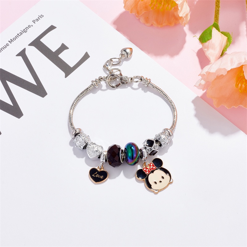 XiaoboACC Kartun Anime Mickey Minnie Stitch Liontin Stainless Steel DIY Terbuka Dapat Disesuaikan Gelang