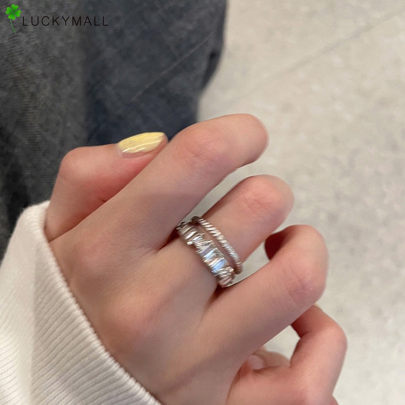 Korea Y2K Perak Jari Cincin Untuk Wanita Zirkon Elegan Cincin Ganda Aksesoris Perhiasan