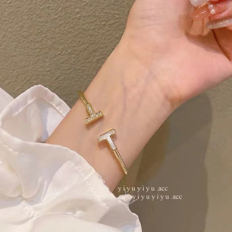 Mode Cahaya Mewah Putih Ibu-Mutiara Berlian Ganda T Baja Titanium 18 K Gelang Stainless Steel Terbuka Gelang Bracelet