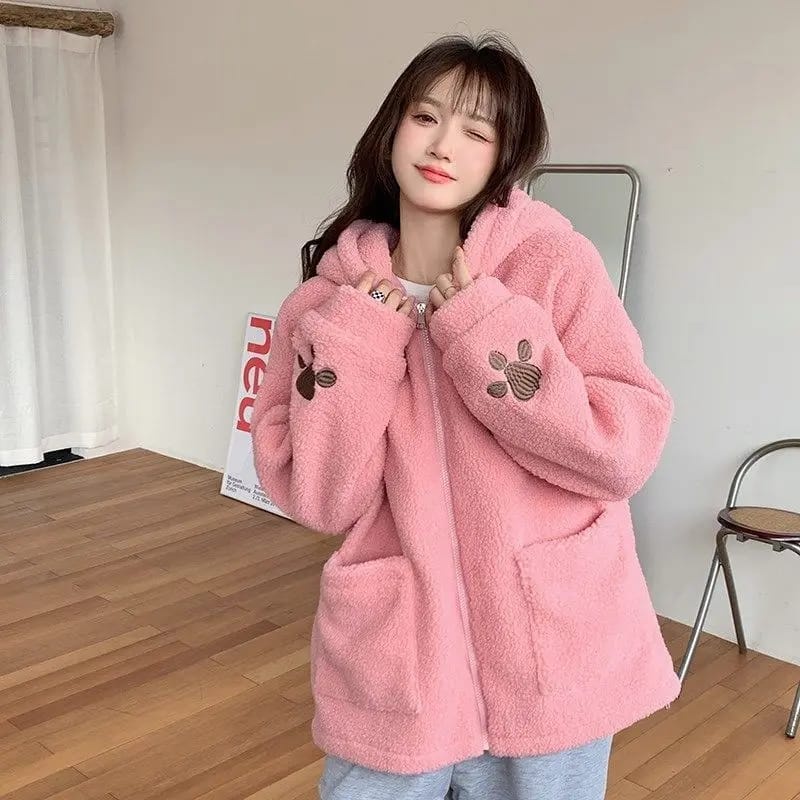 Bear Girl Jaket Zipper Sherpa Buludru Bordir Premium Fit To XL Besar l Jacket Hoodie Wanita Remaja Korean Style