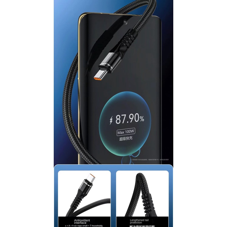 6a 100W 3in1 Super Fast Charging Braided Ekstensi Kabel Data Pengisian Cepat Untuk iPhone Android