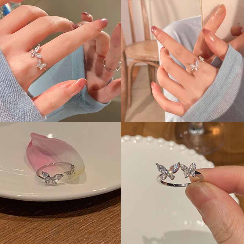 Gaya Jepang Korea Baru Sederhana Manis Kupu-Kupu Berlian Imitasi Temperamen Cincin Terbuka Elegan