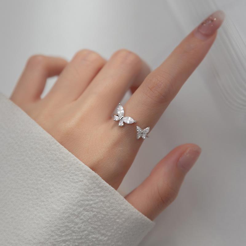 Cincin Perak925 opening design flash diamond zircon butterfly ring lady korea