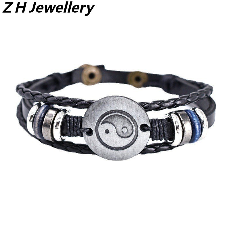 [Z H Perhiasan] Vintage Bagua Manik-Manik Gelang Kulit Pria Dan Wanita Fashion Stainless Steel Multilayer Gelang Punk Pesta Rock Perhiasan Aksesoris