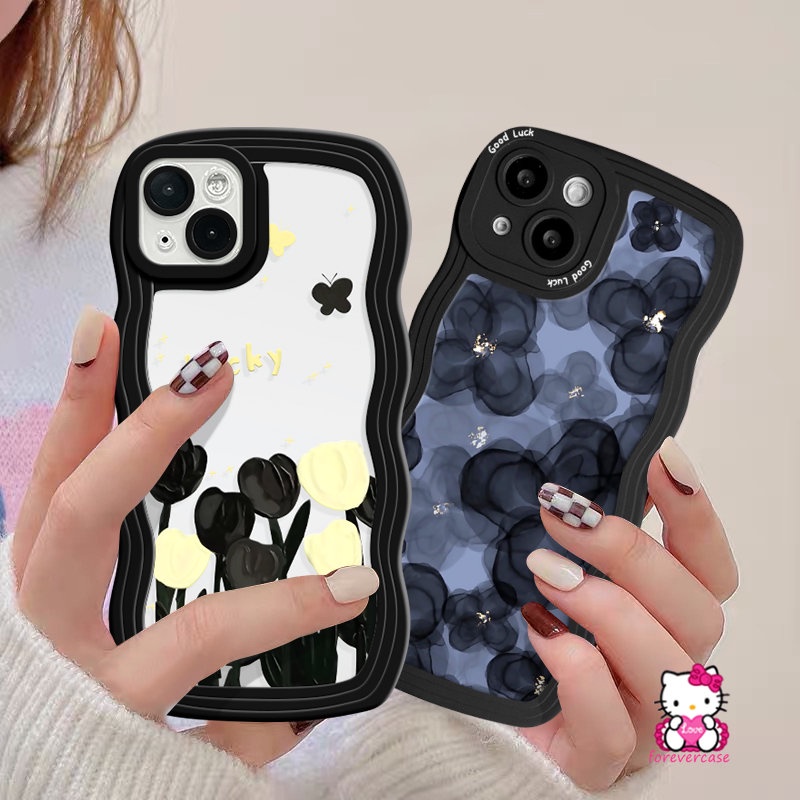 Casing Tpu Lembut Tepi Bergelombang Realme C53 C35 C20 C25 C33 C20A C30 C25Y C21Y C12 C25s C11 C17 C15 C3 5i 9i 8i 9Pro+5 10 9 8 8Pro 7 5s 7i 6i Lukisan Minyak Keberuntungan Tulip Bunga Biru Sarung