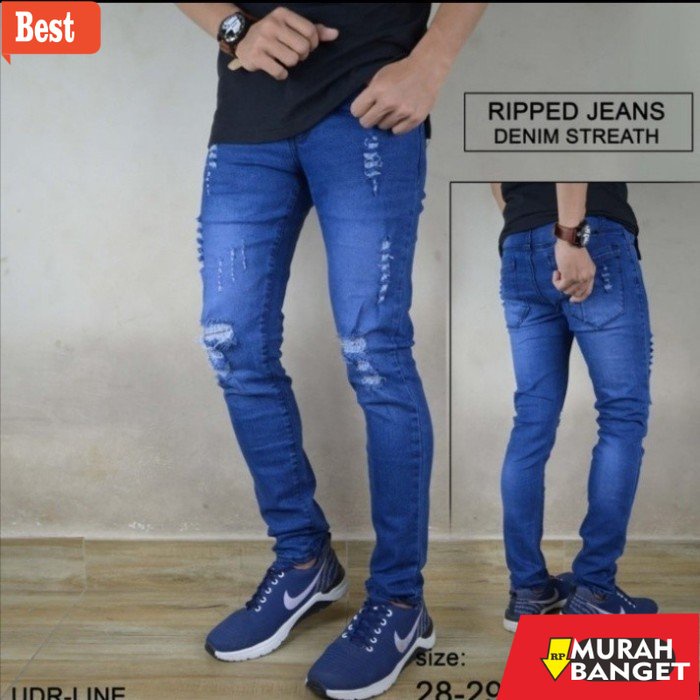riped jeans terbaru- Celana Jeans Denim Sobek Pria  Slim FIt Model Pensil
