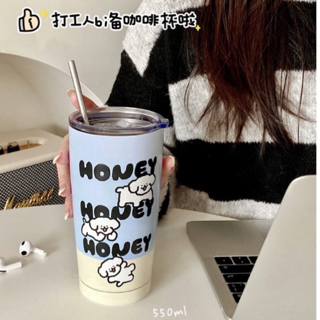 Botol Tumbler Minum Portable Honey Premium 304 Olahraga Kantor Sekolah 550m Dengan Sedotan Anti Tumpah / Tumbler
