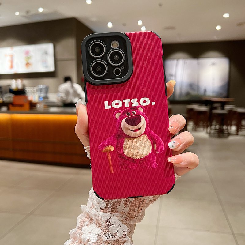 【Lamb Skin】So Cute Strawberry Bear LOTOSO Leather Soft Case for IPhone 7 Plus 8 Plus X XS XR XS Max 11 13 12 14 PRO Max 14 Plus for Girl Women's Gift casing hp Missconnie