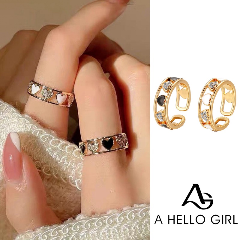 Cincin Berlian Imitasi Desain Hati Hollow Warna Hitam Dan Putih Untuk Wanita