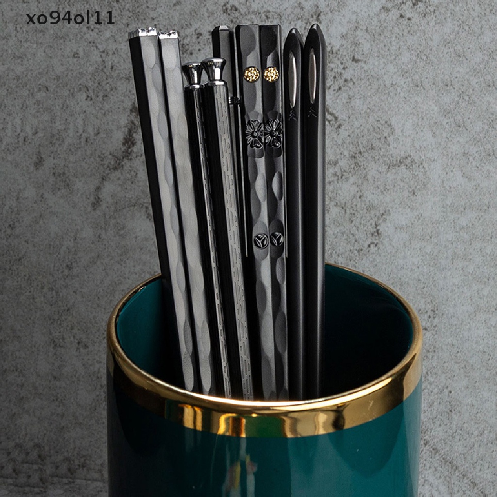 Xo 5pasang Sumpit Ukiran Laser Bahan Alloy Non-Slip Reusable Sushi Sticks OL
