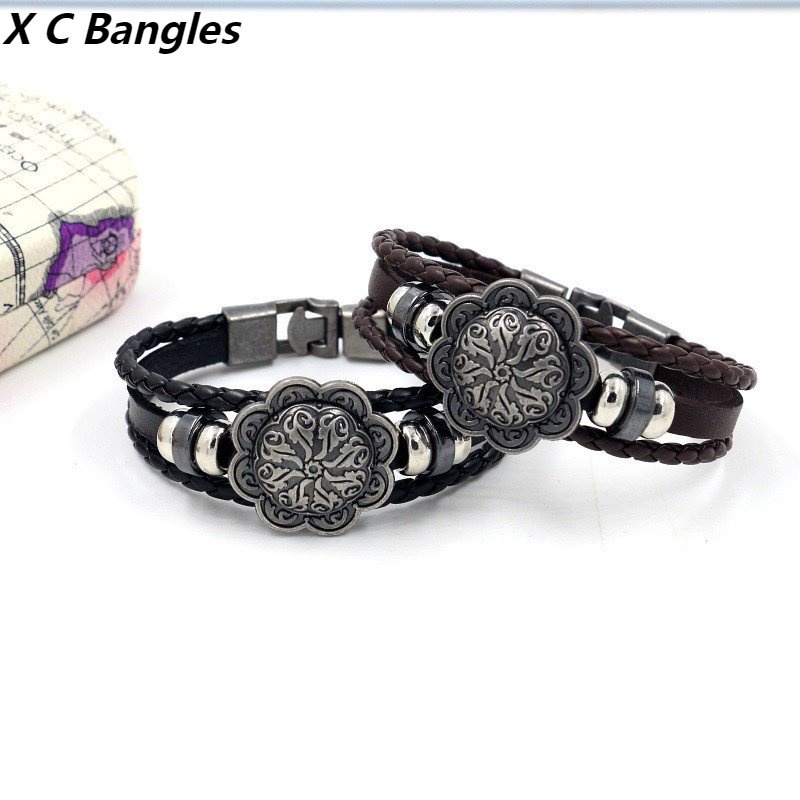 [X C Gelang] Baru Rune Perisai Gelang Kulit Hitam Vintage Hip Hop Punk Gelang Kulit Lengan Manik-Manik Multilayer Zinc Alloy Anyaman Gelang