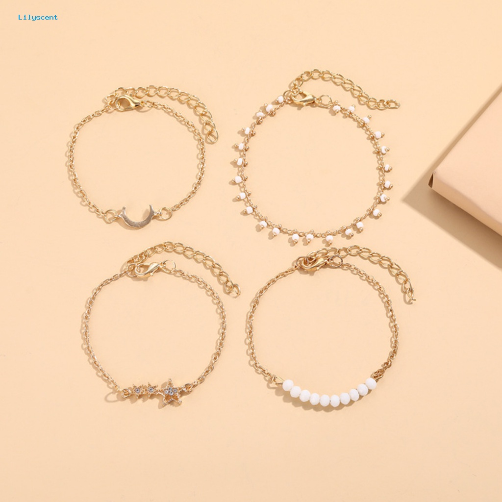 Lilyscent 4Pcs/Set Electroplating Dewasa Gelang Aksesoris Perhiasan Berlian Imitasi Bintang Bulan Perempuan Gelang Elegan