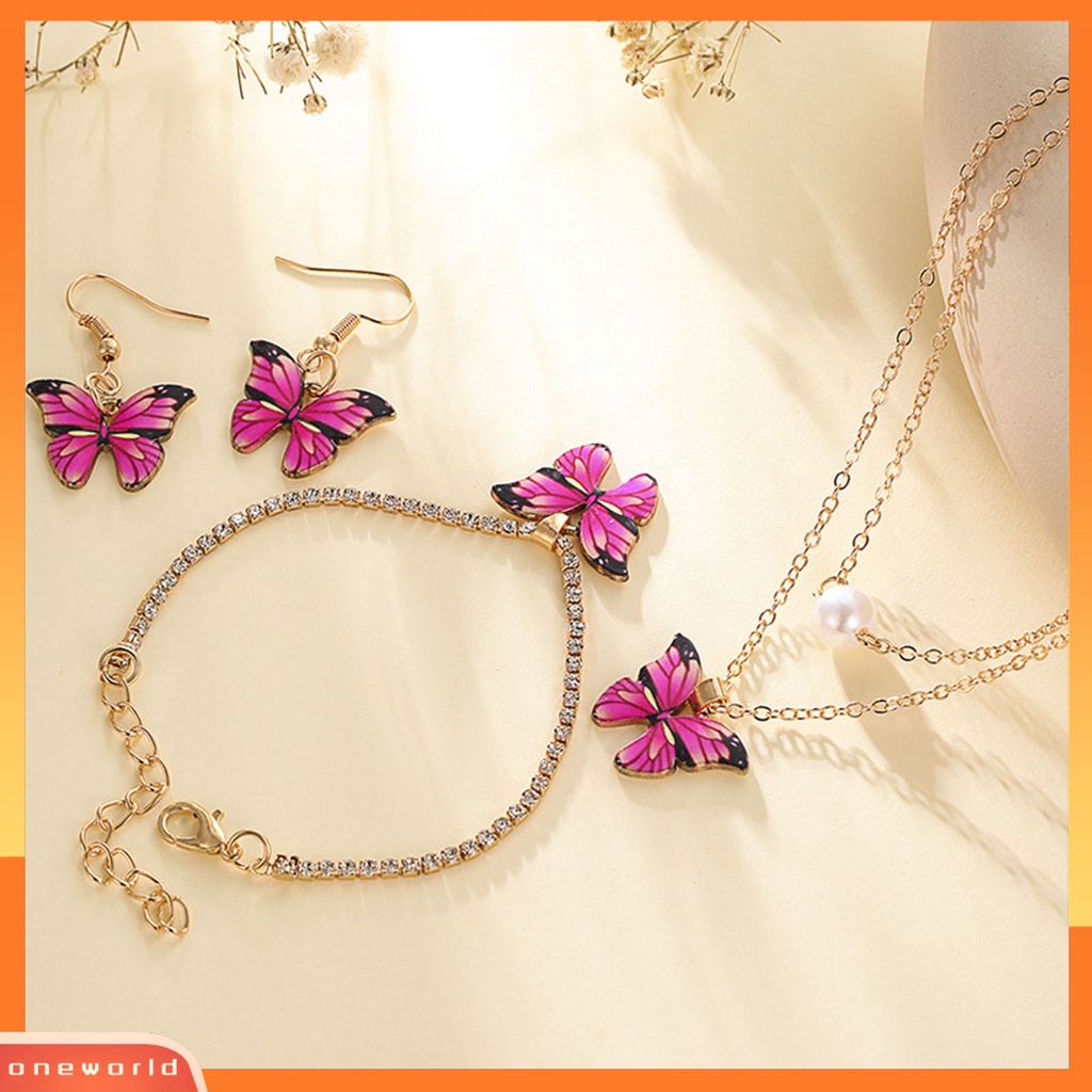 [ONE] 3 Pcs/Set Perhiasan Pesta Mutiara Imitasi Merah Muda Tua Kupu-Kupu Electroplating Jewelry Set Kalung Anting Gelang Wanita Aksesori