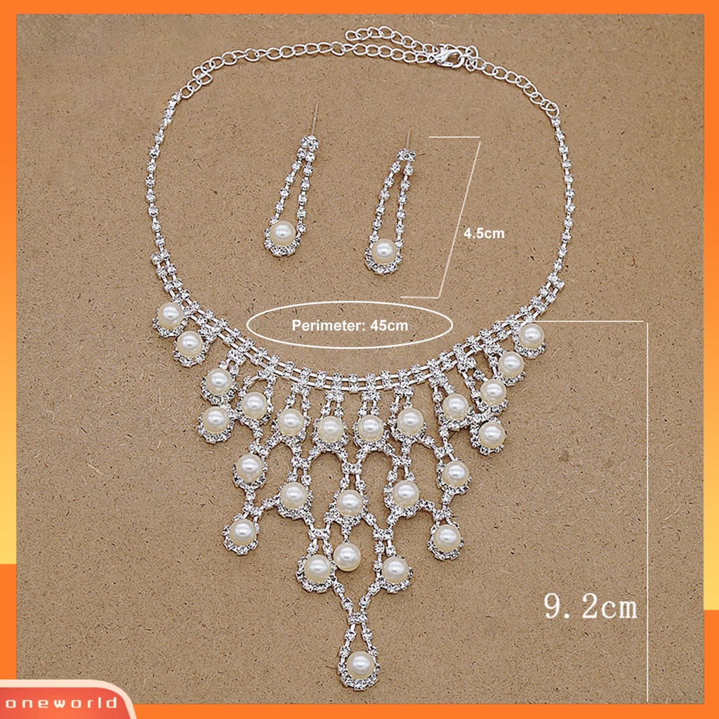 [ONE] 1set Kalung Pengantin Berlapis Mutiara Imitasi Jumbai Elegan Cantik Hadiah Mulia Hypoallergenic Berlian Imitasi Bertatahkan Stud Earrings Kit Perhiasan Pernikahan