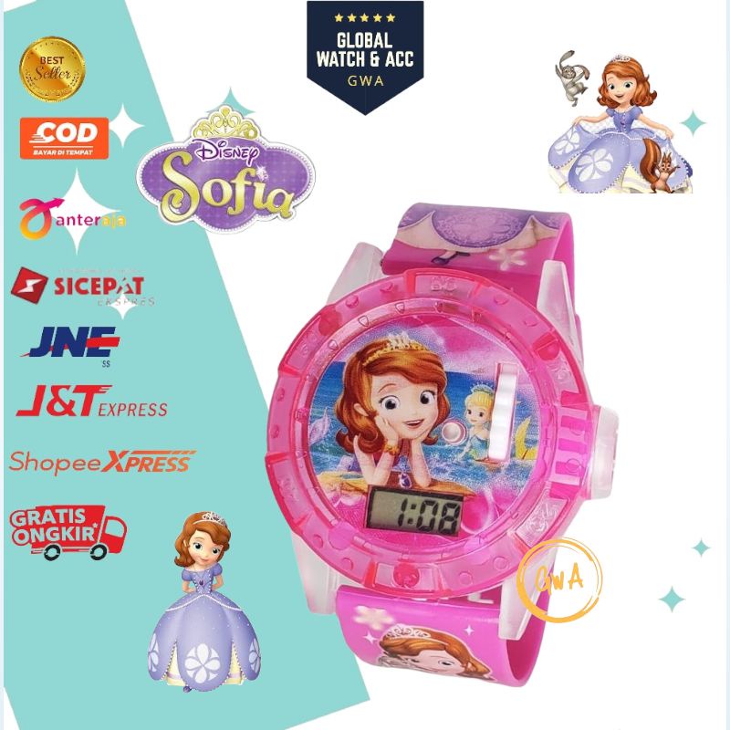 Jam tangan anak laser musik karakter Frozen Hello kitty Sofia