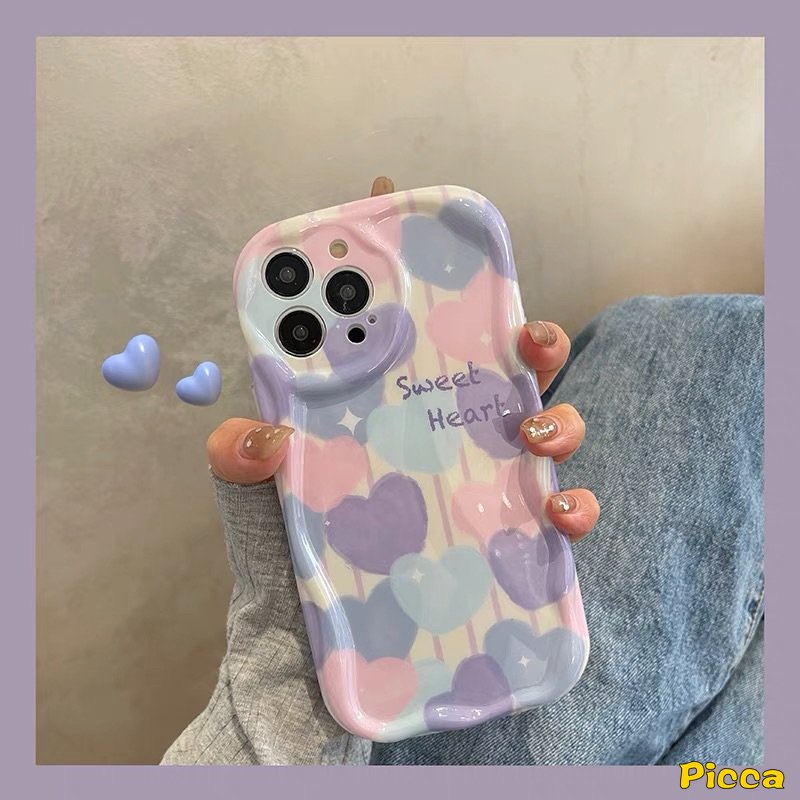 IPHONE 3d Wavy Curved Edge Shockproof Airbag Glossy Case Kompatibel Untuk Iphone7 8 6s 6 Plus 11 13 12 14 Pro Max XR X XS Max SE 2020 Ins Lukisan Cat Minyak Cinta Hati Lembut Tpu Cover